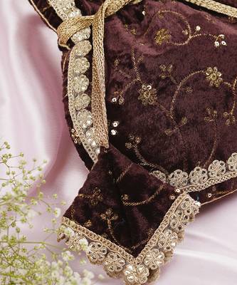 Brown velvet with embroidery potli bag 2