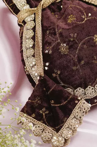 Brown velvet with embroidery potli bag