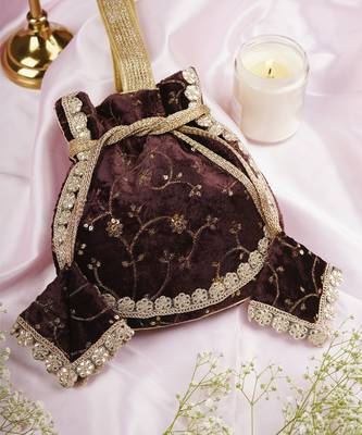 Brown velvet with embroidery potli bag 3