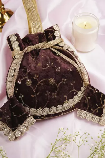 Brown velvet with embroidery potli bag