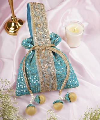 Teal organza with sequin potli bag 1