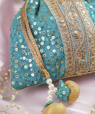 Teal organza with sequin potli bag 2