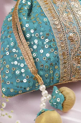 Teal organza with sequin potli bag