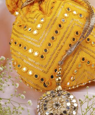 Yellow georgette with mirror work potli bag 2