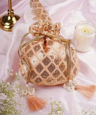 Peach georgette with sequin potli bag 1
