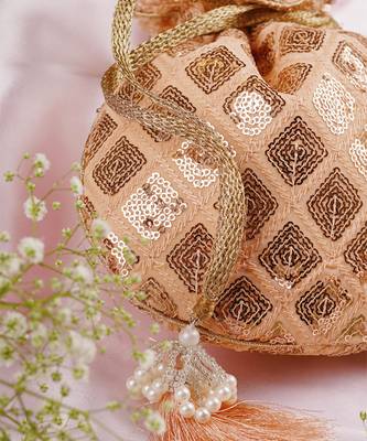 Peach georgette with sequin potli bag 2
