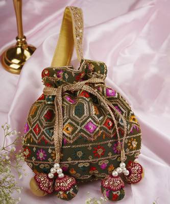 Mehendi green georgette with embroidery potli bag 1