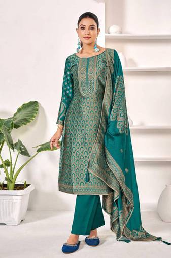 Turquoise jacquard pure silk unstitched straight pant style