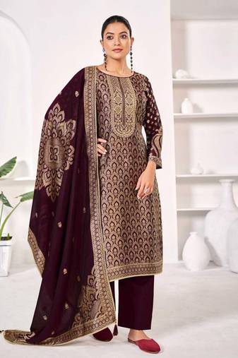 Wine jacquard pure silk unstitched straight pant style