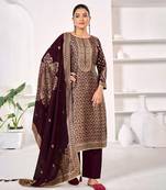Wine jacquard pure silk unstitched straight pant style