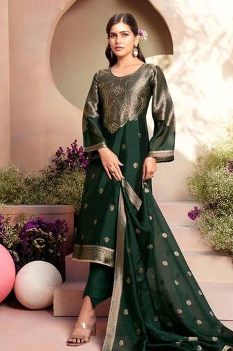 Green jacquard pure silk unstitched straight pant style