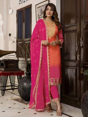 chiffon embroidery bandhani print salwar suit set kurta pant with dupatta stitched 1
