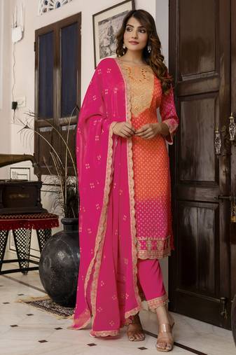  chiffon embroidery bandhani print salwar suit set kurta pant with dupatta stitched