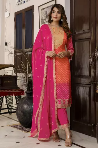  chiffon embroidery bandhani print salwar suit set kurta pant with dupatta stitched