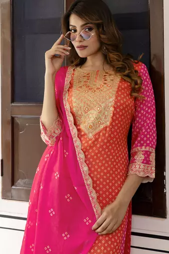 Trendmalls  chiffon embroidery bandhani print salwar suit set kurta pant with dupatta stitched