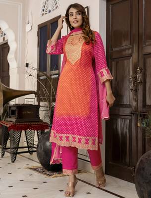  chiffon embroidery bandhani print salwar suit set kurta pant with dupatta stitched 5