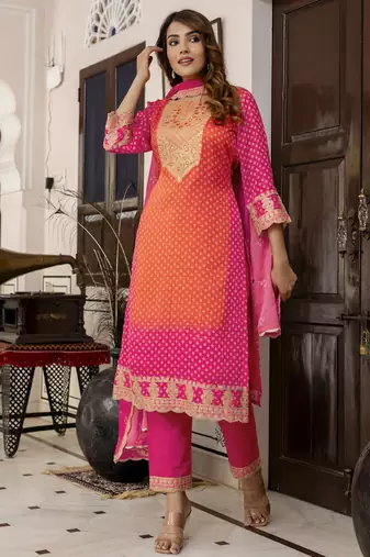 Trendmalls  chiffon embroidery bandhani print salwar suit set kurta pant with dupatta stitched