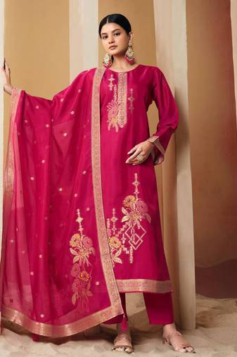 Magenta jacquard pure silk unstitched straight pant style