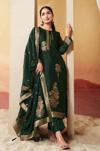 Green jacquard pure silk unstitched straight pant style