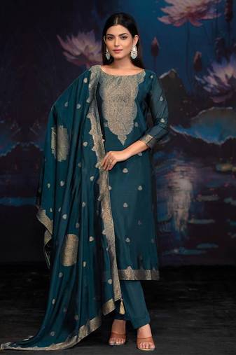 Teal jacquard pure silk unstitched straight pant style