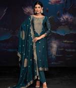 Teal jacquard pure silk unstitched straight pant style