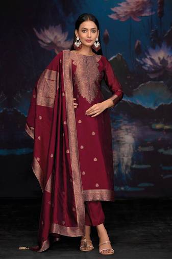 Maroon jacquard pure silk unstitched straight pant style