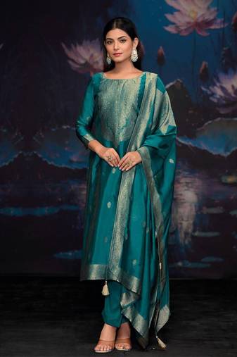 Turquoise jacquard pure silk unstitched straight pant style