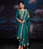 Turquoise jacquard pure silk unstitched straight pant style