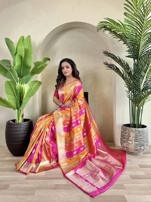 Banarasi satin art silk colorful weaving saree with contrast blouse 1