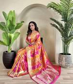 Banarasi satin art silk colorful weaving saree with contrast blouse