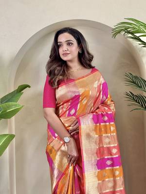 Banarasi satin art silk colorful weaving saree with contrast blouse 2