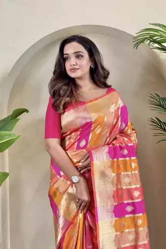 Banarasi satin art silk colorful weaving saree with contrast blouse