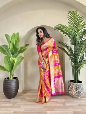 Banarasi satin art silk colorful weaving saree with contrast blouse 3