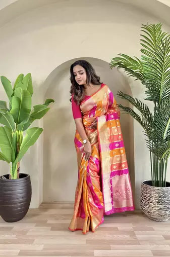 Banarasi satin art silk colorful weaving saree with contrast blouse
