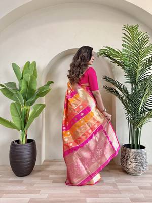 Banarasi satin art silk colorful weaving saree with contrast blouse 4