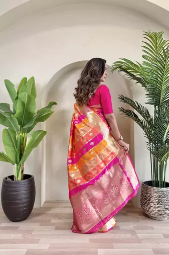 Banarasi satin art silk colorful weaving saree with contrast blouse