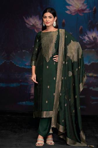 Green jacquard pure silk unstitched straight pant style