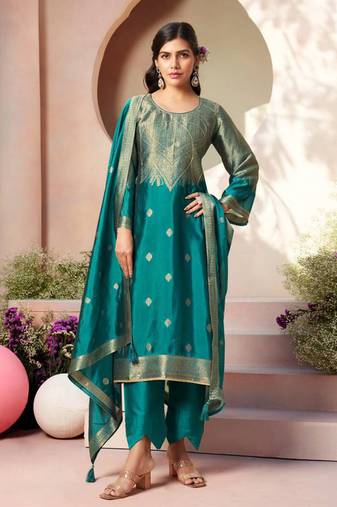 Turquoise jacquard pure silk unstitched straight pant style