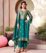 Turquoise jacquard pure silk unstitched straight pant style