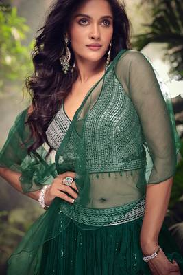Green Embroidery and Sequins Work Chinon Silk Lehenga with Blouse 2