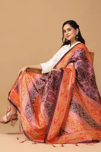 Orange Assam Silk Ceremonial Wear Printed Dupatta For Girls