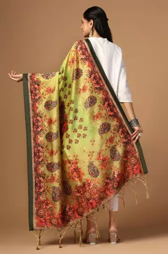 Green Assam Silk Ceremonial Wear Printed Dupatta For Girls