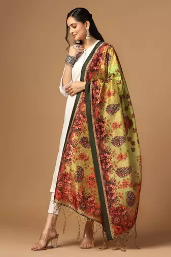 Green Assam Silk Ceremonial Wear Printed Dupatta For Girls