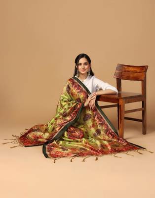 Green Assam Silk Ceremonial Wear Printed Dupatta For Girls 4