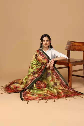 Green Assam Silk Ceremonial Wear Printed Dupatta For Girls
