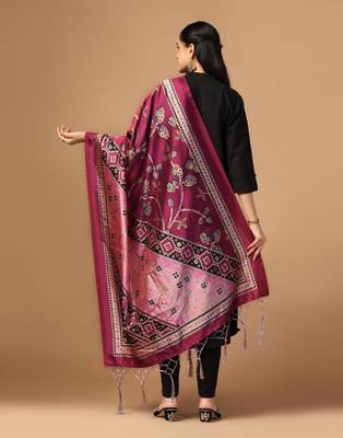Burgundy Assam Silk Ceremonial Wear Printed Dupatta For Girls 2