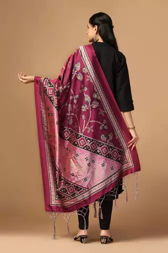 Burgundy Assam Silk Ceremonial Wear Printed Dupatta For Girls