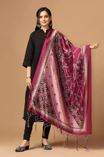 Burgundy Assam Silk Ceremonial Wear Printed Dupatta For Girls