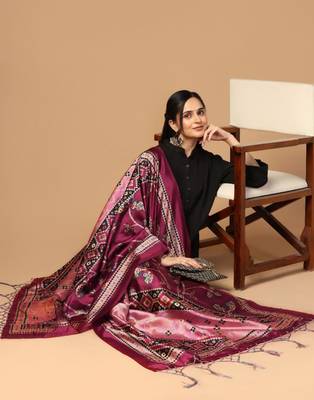 Burgundy Assam Silk Ceremonial Wear Printed Dupatta For Girls 4