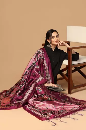 Burgundy Assam Silk Ceremonial Wear Printed Dupatta For Girls